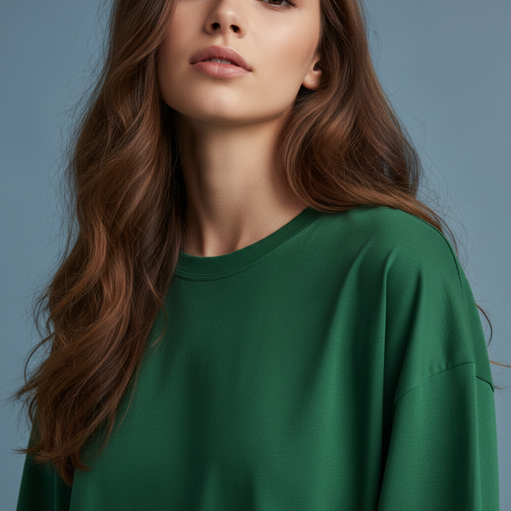 Women Plain Oversized Fit 5-Sleeve Bottle Green - Neck Close-up