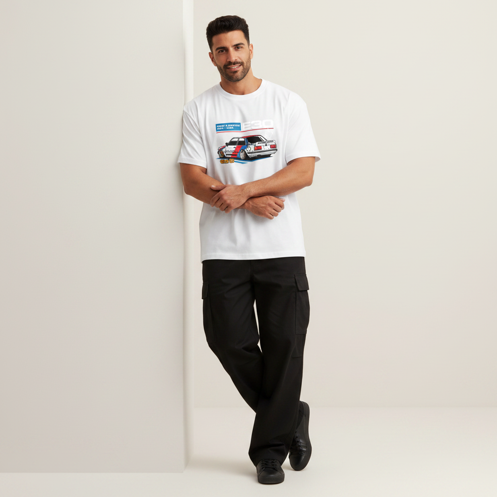 S2 - Model leaning on wall front facing with BMW E30 front print