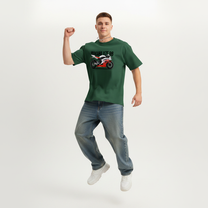 Male model front pose - jump fist pump - Yamaha YZF R6 bottle green tee