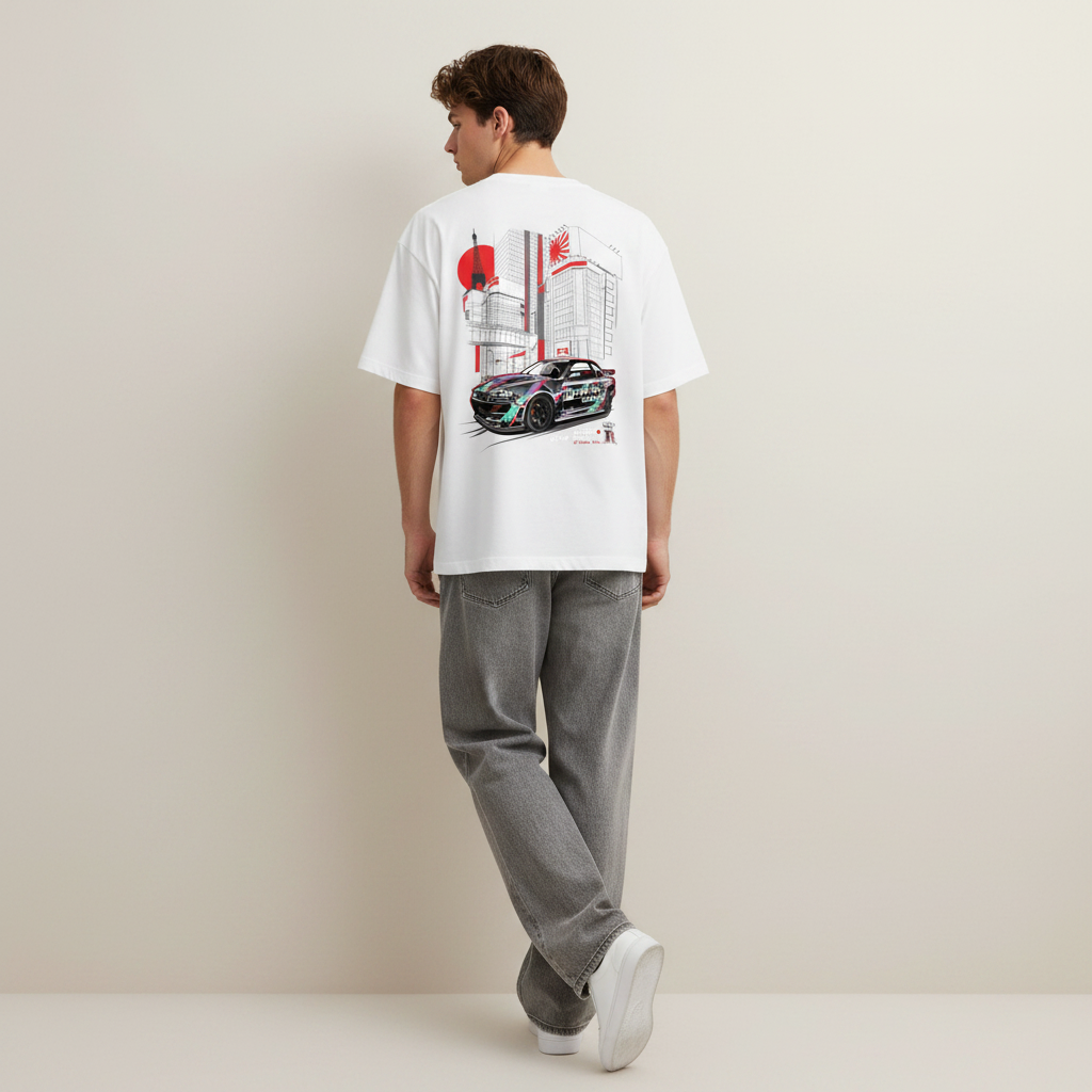 S1 - Model leaning on wall back to camera with Nissan GTR back print