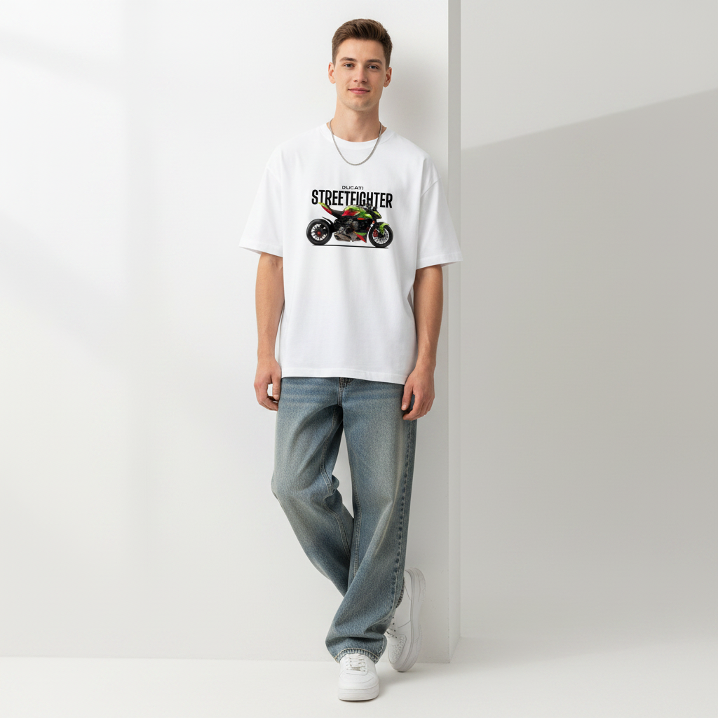 Male model front pose - wall lean - Ducati Streetfighter white tee