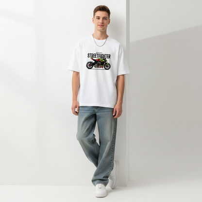 Male model front pose - wall lean - Ducati Streetfighter white tee
