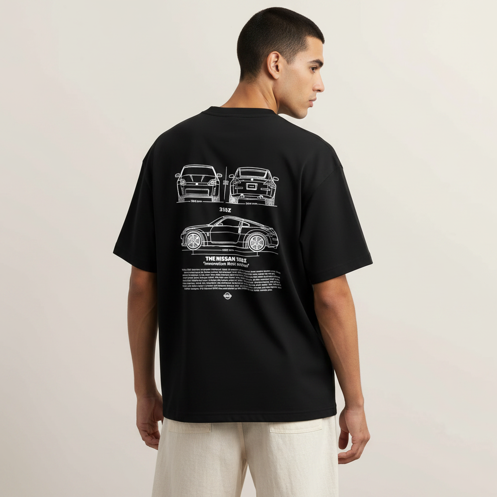 S1 - Model back to camera hip out with Nissan 350Z skeleton back print