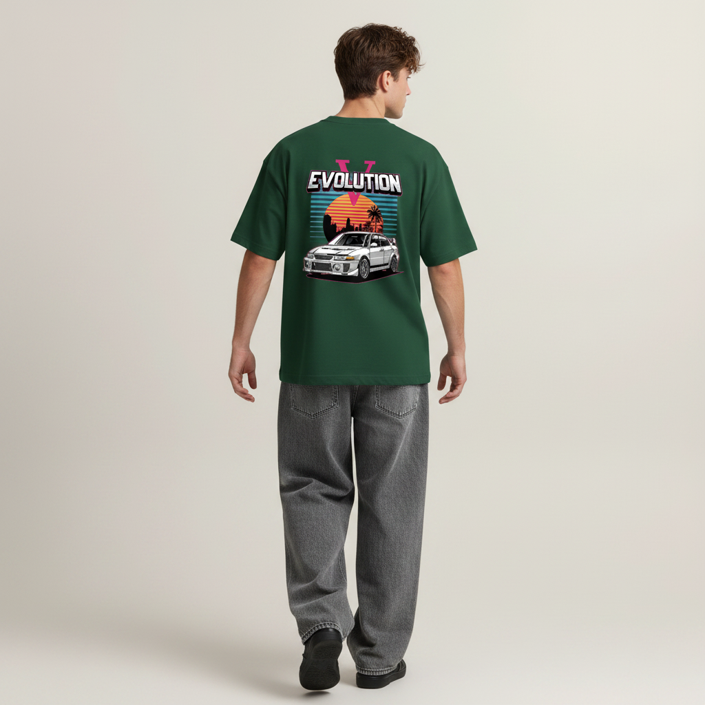 S1 - Model tucked shirt mid-stride back to camera with Lancer Evolution back print