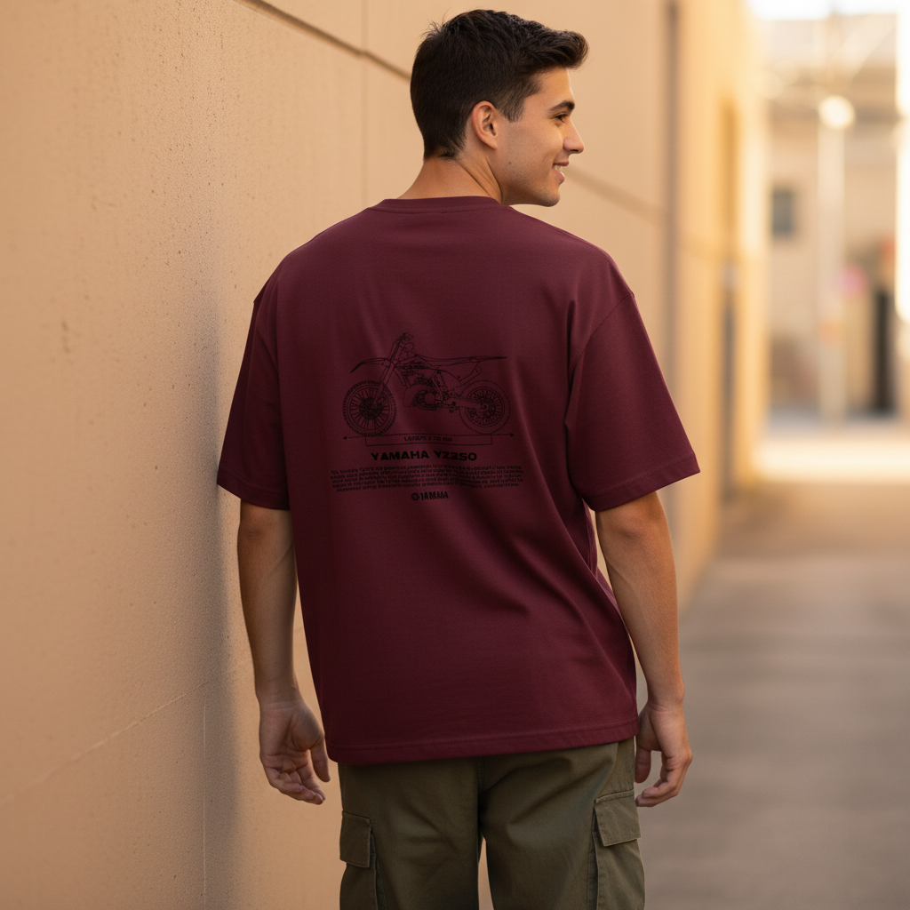 Male model back pose - wall lean golden hour - Yamaha YZ250 maroon tee