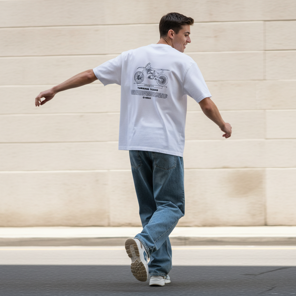 Male model back pose - fast stride head turn - Yamaha YZ250 white tee