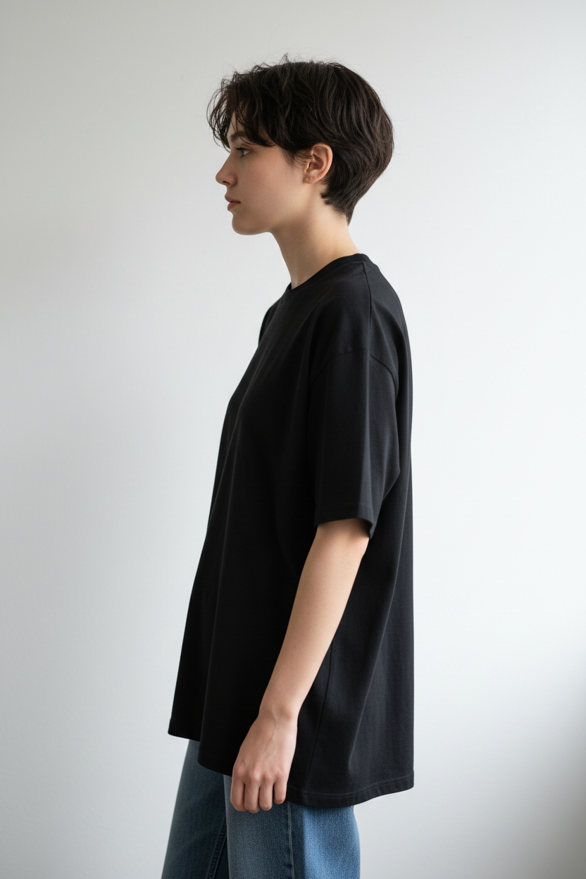 Person wearing Black T-Shirt - Side View