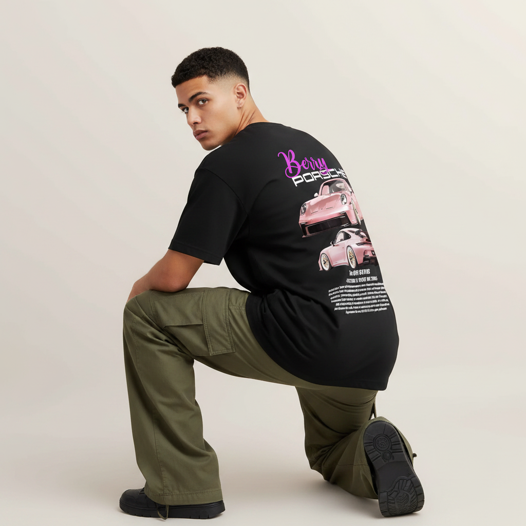 S1 - Model crouching with Berry Porsche back print
