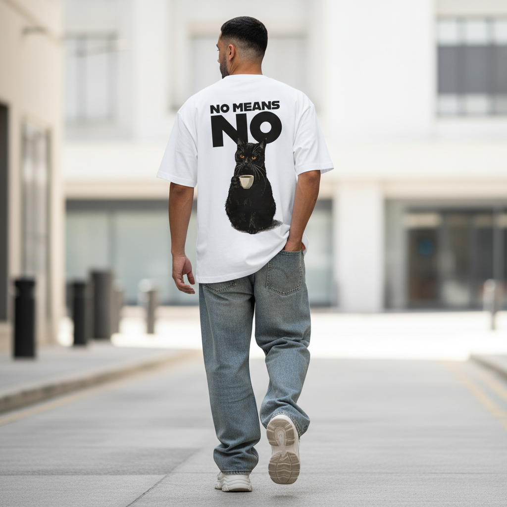 Male model back pose - Latino Hispanic - No Means No cat white tee