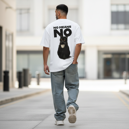 Male model back pose - Latino Hispanic - No Means No cat white tee