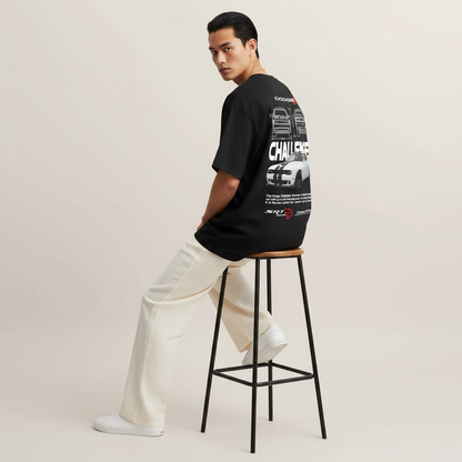 S1 - Model sitting on bar stool looking over shoulder with Dodge Challenger back print