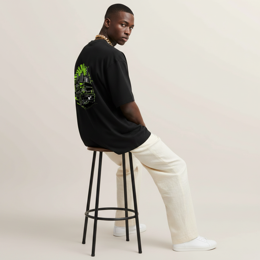 S1 - Model sitting on bar stool looking over shoulder with GTR 32 back print