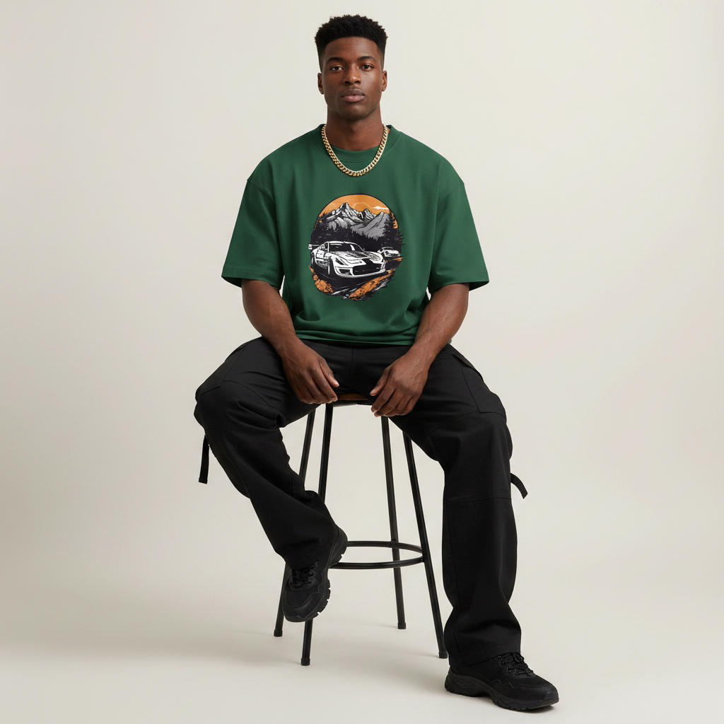 S2 - Model sitting on bar stool front facing with C6 Edition front print