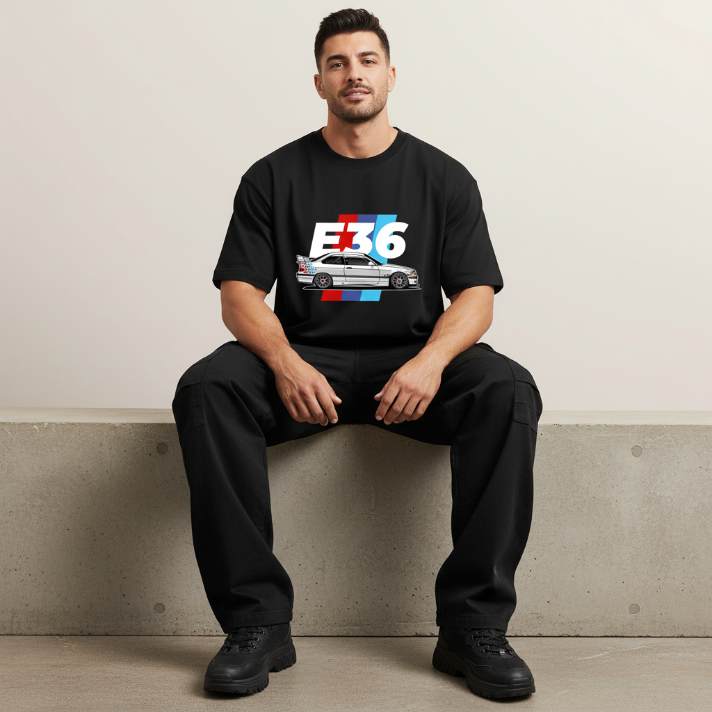 S2 - Model sitting on ledge front facing with BMW E36 front print