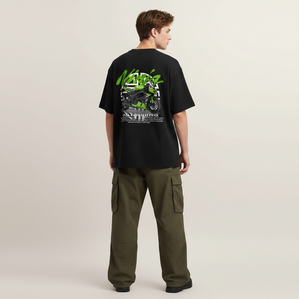 S1 - Model standing arms down with Ninja Kawasaki ZX-6R back print