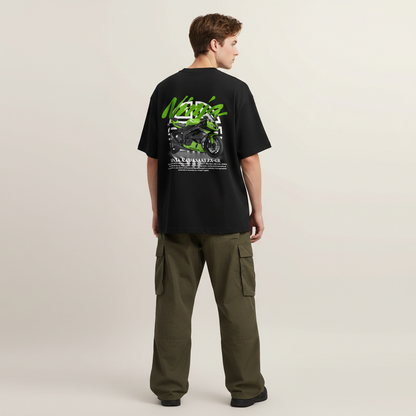 S1 - Model standing arms down with Ninja Kawasaki ZX-6R back print
