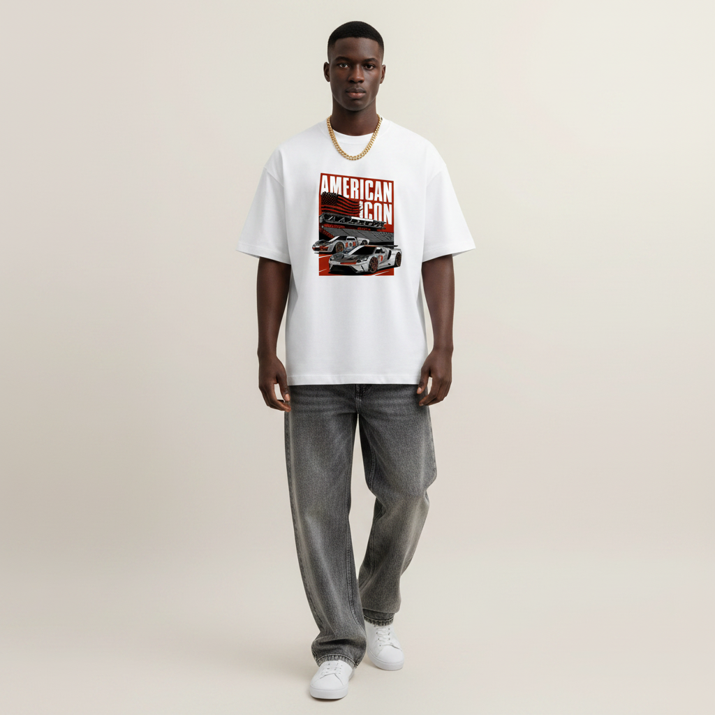 S1 - Model standing front facing with American Icon Ford GT front print