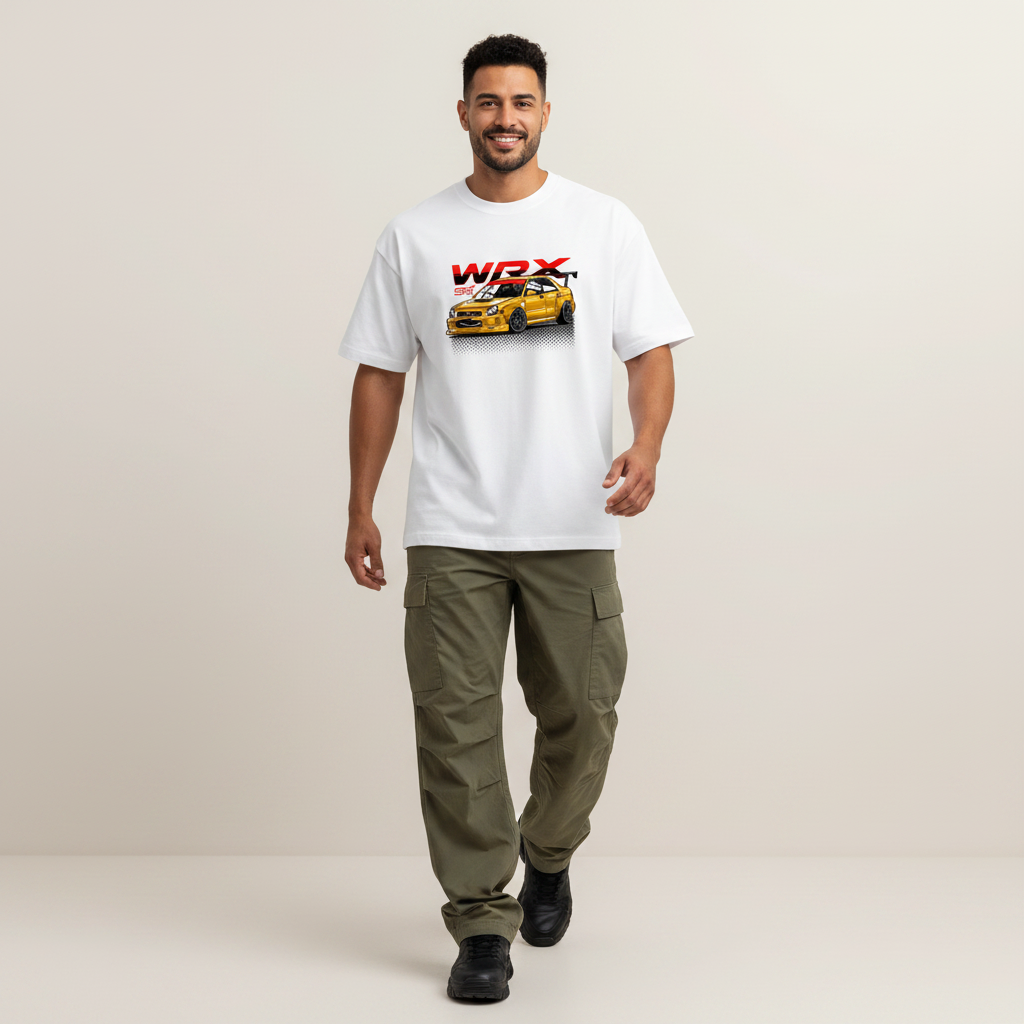S2 - Model mid-stride front facing with Subaru WRX STI front print