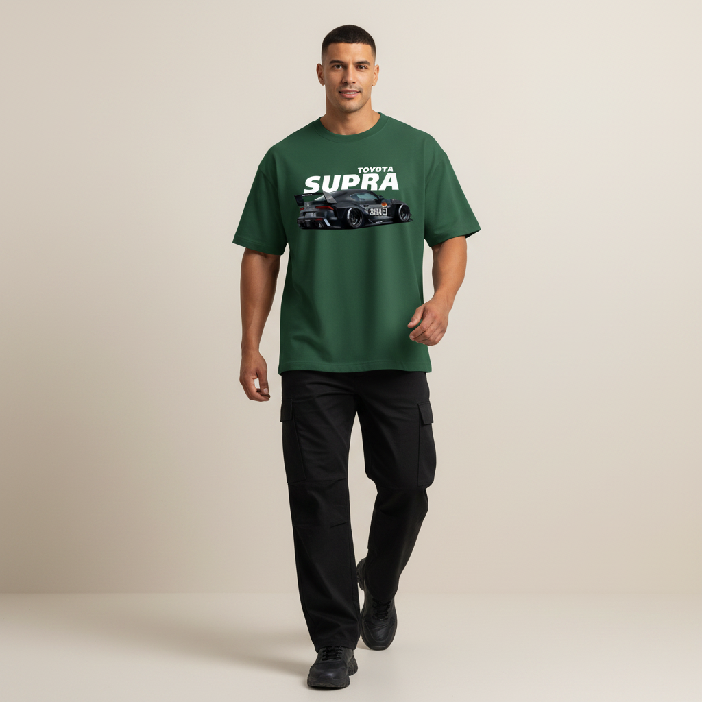 S2 - Model mid-stride front facing with Toyota Supra front print
