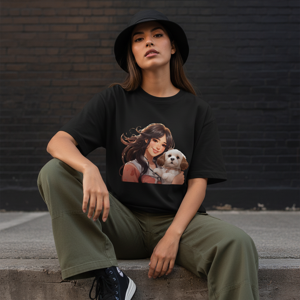 Female model front pose - sitting ledge - anime puppy girl black tee