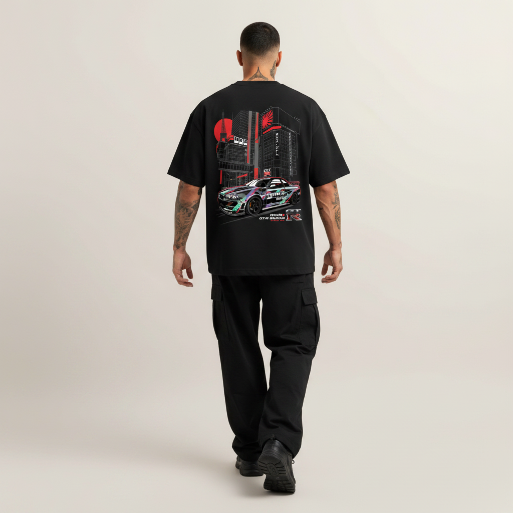S2 - Model mid-stride walk back to camera with Nissan GTR back print