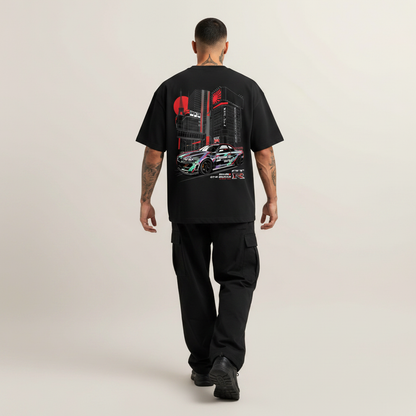 S2 - Model mid-stride walk back to camera with Nissan GTR back print