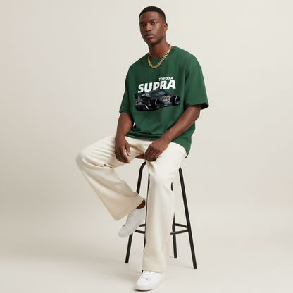 S1 - Model sitting on bar stool front facing with Toyota Supra front print