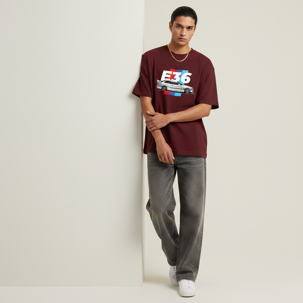 S1 - Model leaning on wall front facing with BMW E36 front print