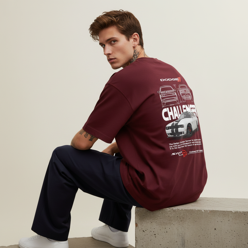 S1 - Model sitting on ledge looking over shoulder with Dodge Challenger back print