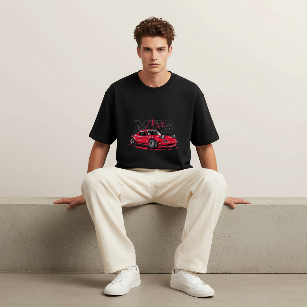 S1 - Model sitting on ledge front facing with Miata MX5 front print