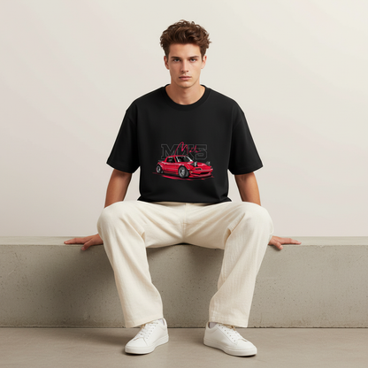 S1 - Model sitting on ledge front facing with Miata MX5 front print