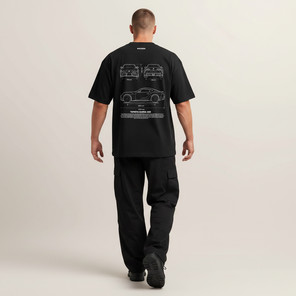 Back S2 - Model mid-stride walk away with Toyota Supra A90 blueprint back print