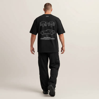 Back S2 - Model mid-stride walk away with Toyota Supra A90 blueprint back print