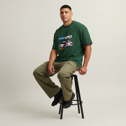 S2 - Model sitting on bar stool front facing with BMW E30 front print