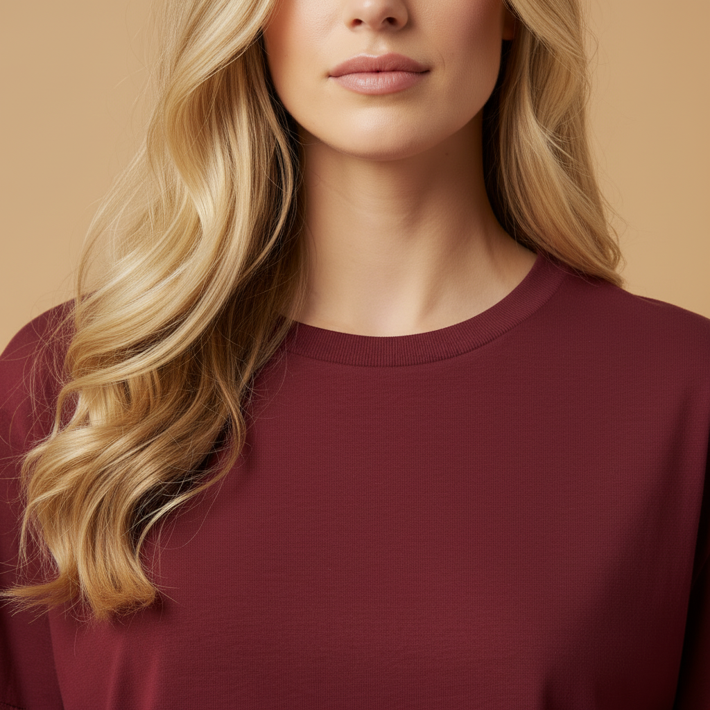 Women Plain Oversized Fit 5-Sleeve Royal Maroon - Neck Close-up