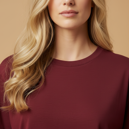 Women Plain Oversized Fit 5-Sleeve Royal Maroon - Neck Close-up