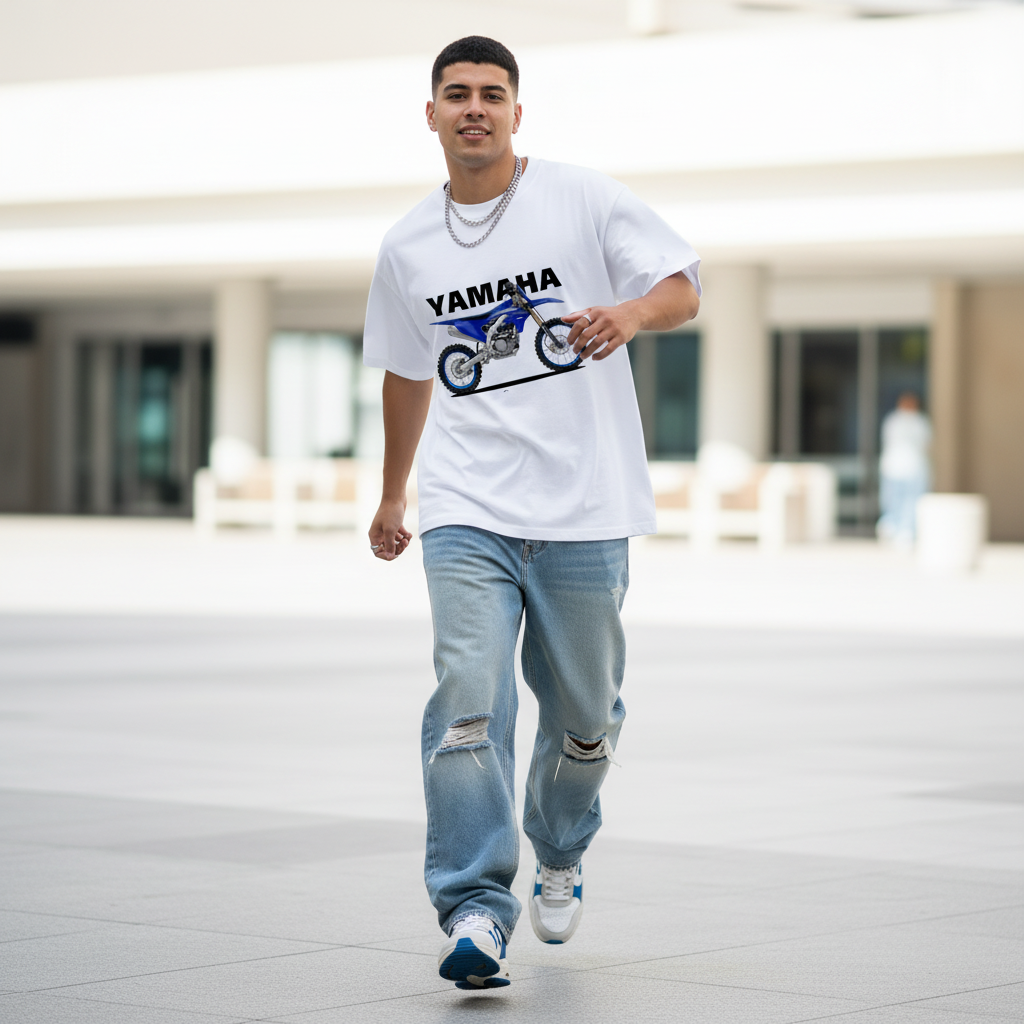 Male model front pose - fast stride - Yamaha YZ250 white tee