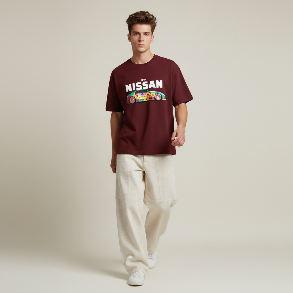 S1 - Model walking with Nissan 350Z chest print
