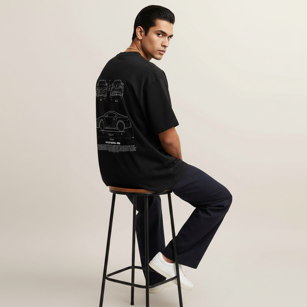 Back S1 - Model on bar stool looking over shoulder with Toyota Supra A90 blueprint back print