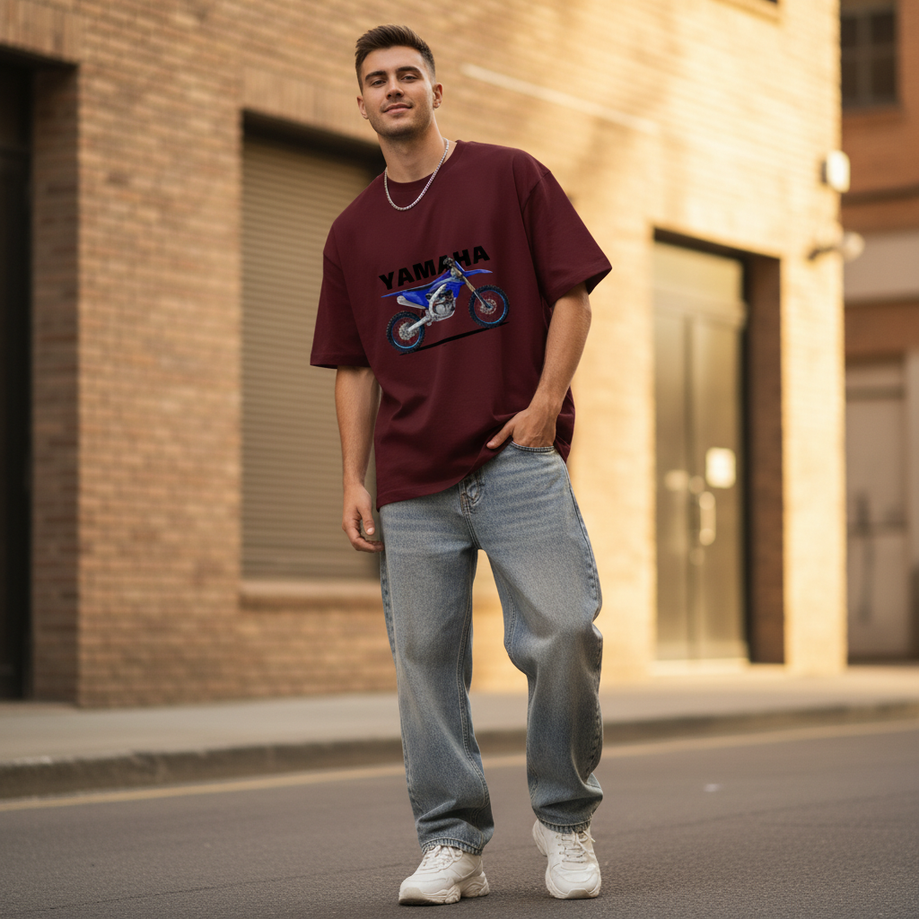 Male model front pose - weight shift hand in pocket - Yamaha YZ250 maroon tee