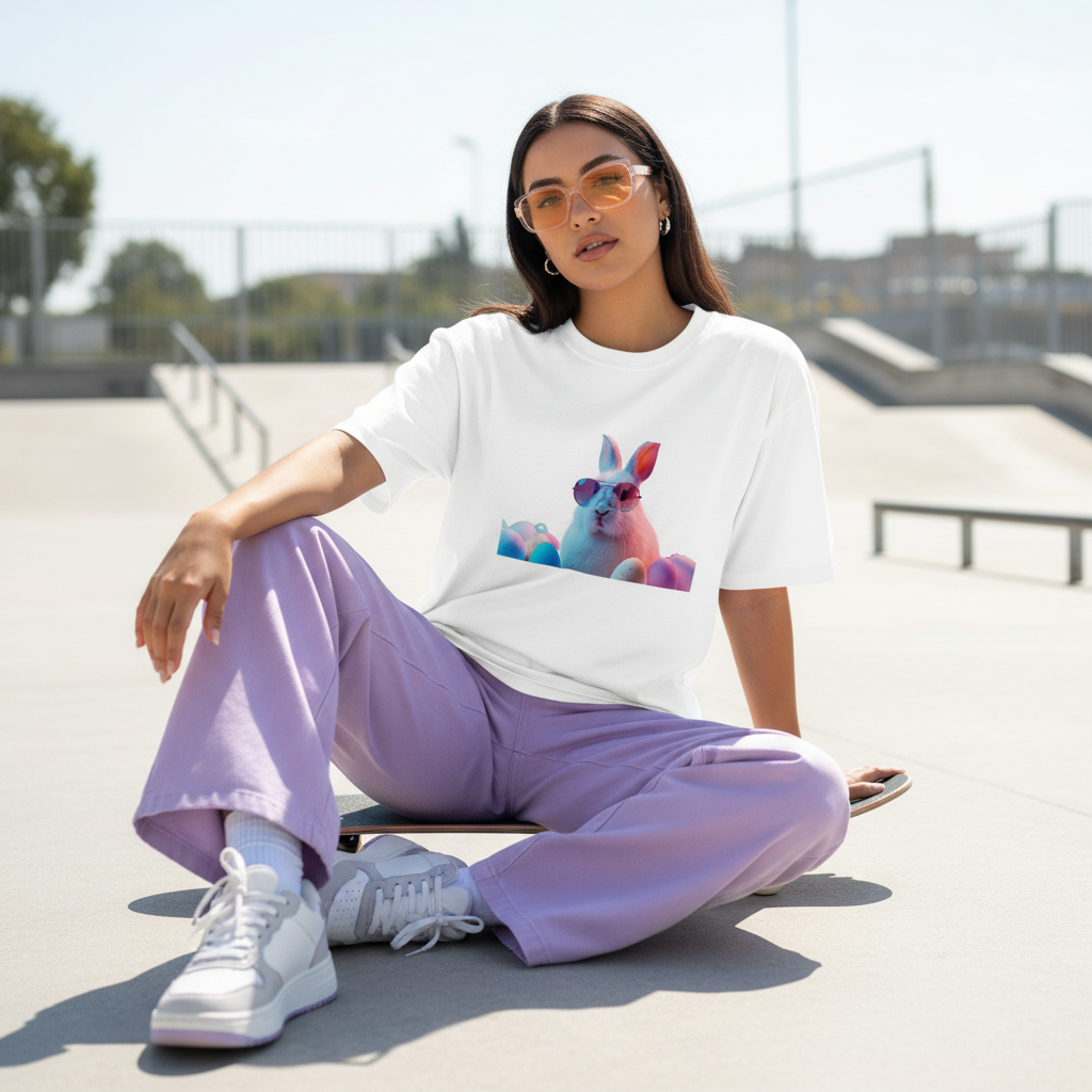 Female model front pose - skateboard sit Gen-Z - bunny white tee