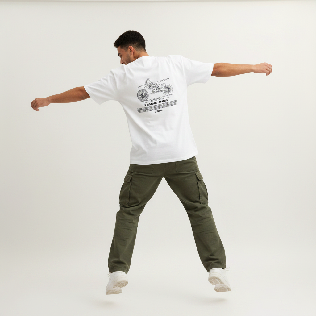 Male model back pose - jump arms spread - Yamaha YZ250 white tee
