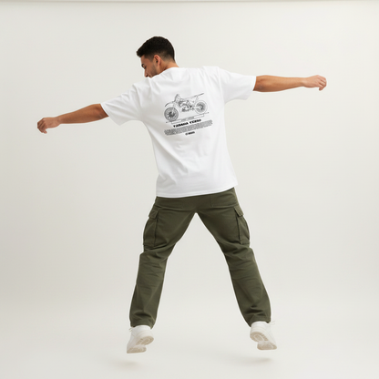 Male model back pose - jump arms spread - Yamaha YZ250 white tee