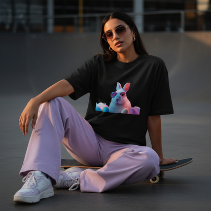 Female model front pose - skateboard sit Gen-Z - bunny black tee