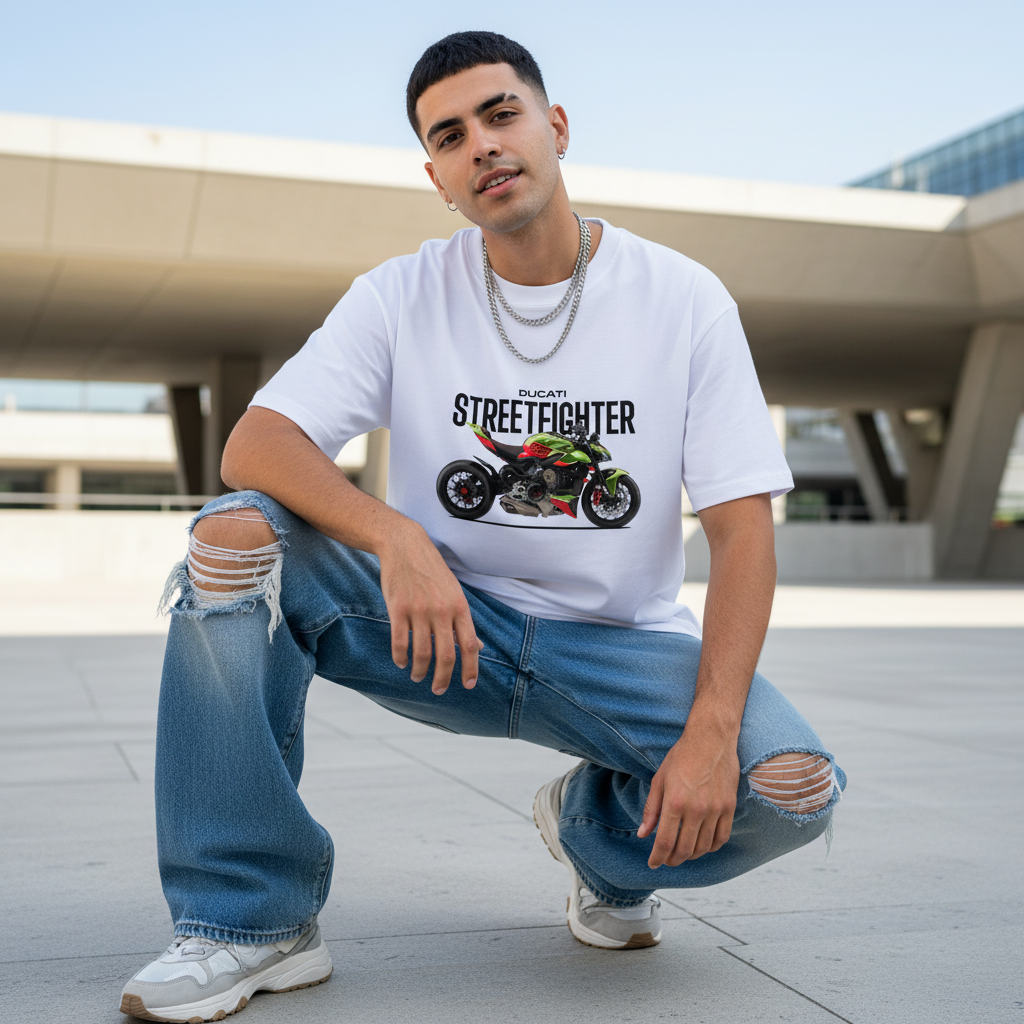 Male model front pose - one knee crouching - Ducati Streetfighter white tee