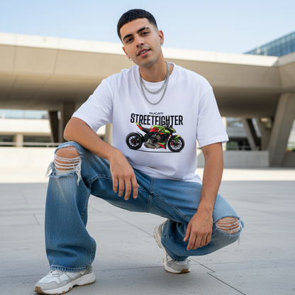 Male model front pose - one knee crouching - Ducati Streetfighter white tee