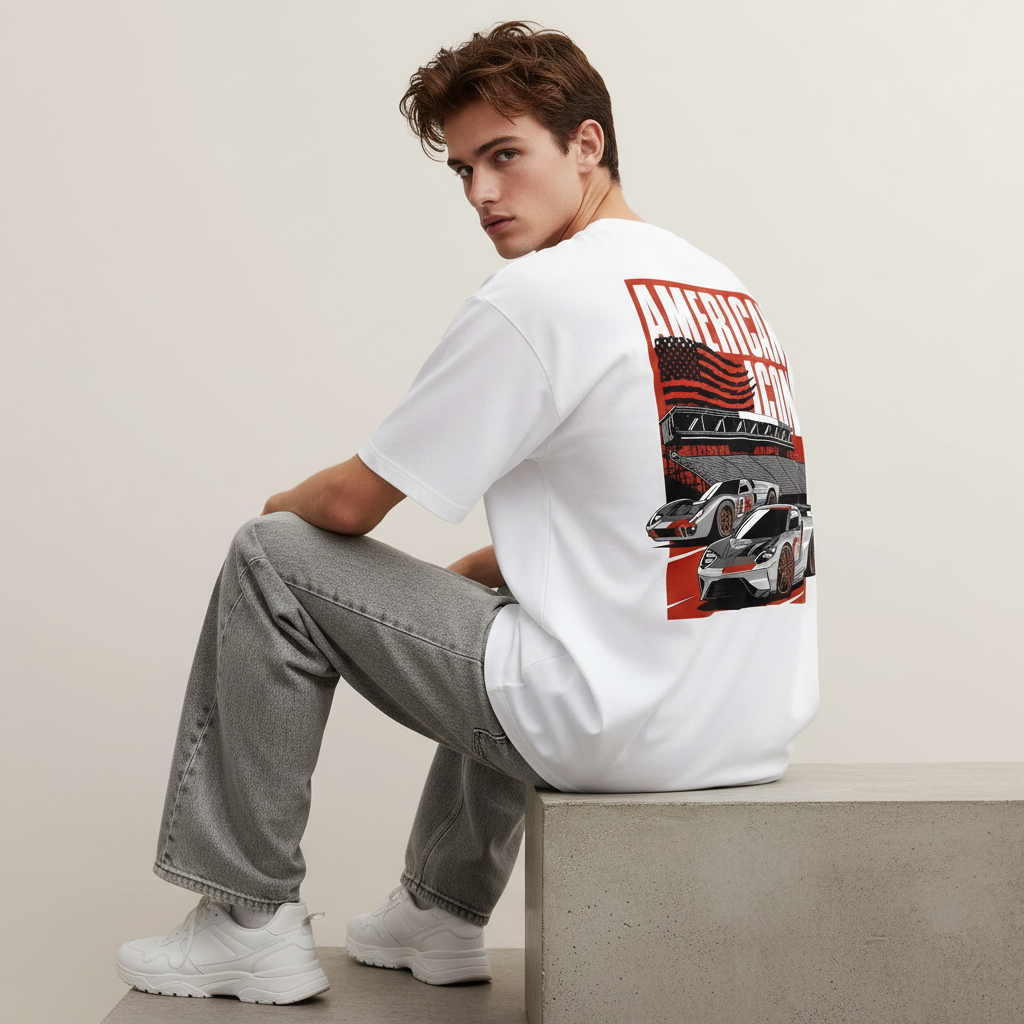 S1 - Model sitting on ledge looking over shoulder with Ford GT back print