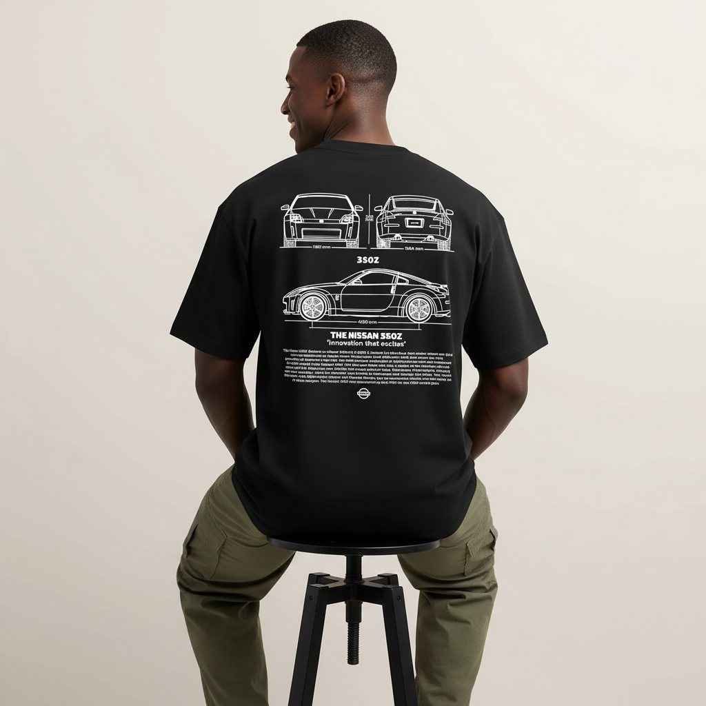 S2 - Model sitting on stool back to camera with Nissan 350Z skeleton back print