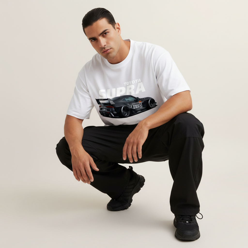 S2 - Model crouching front facing with Toyota Supra front print