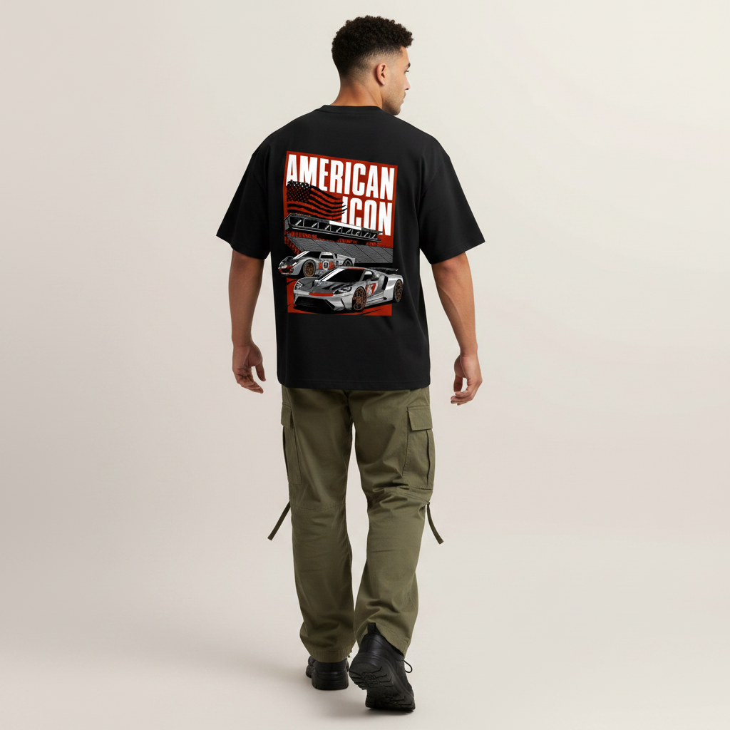S2 - Model mid-stride walk back to camera with Ford GT back print
